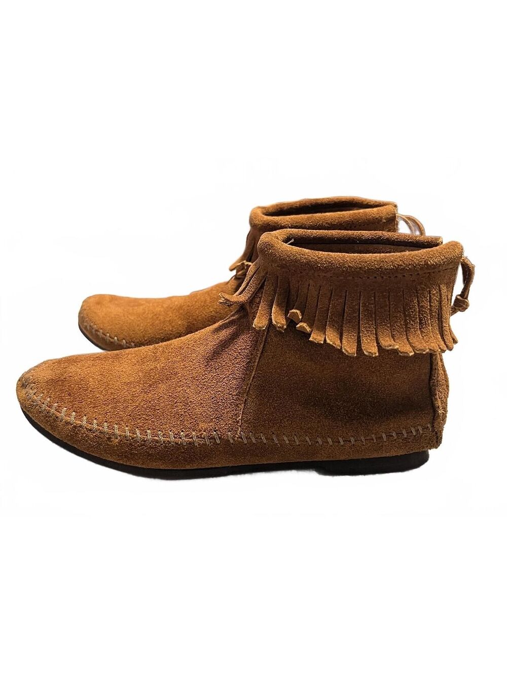Minnetonka Brown Suede Fringe Hi Top Back Zip Moccasin Ankle Boots Size 6